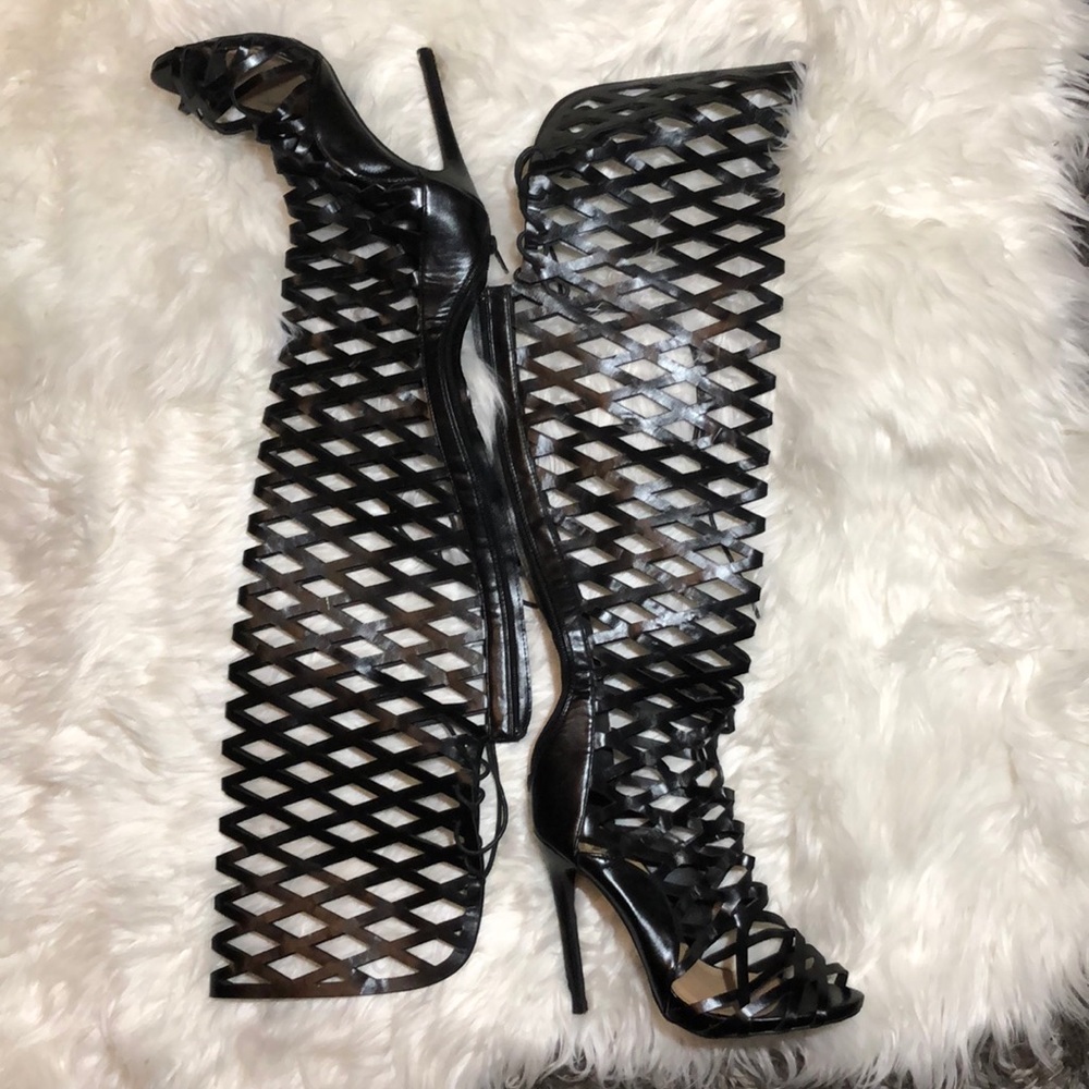 Over the knee caged heels